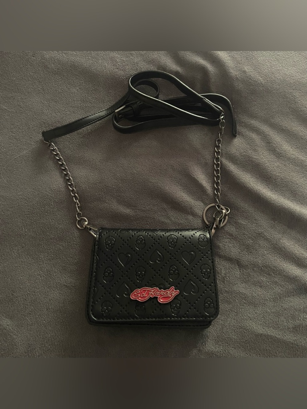 Ed Hardy Black Crossbody Bag with Red Logo Accent
